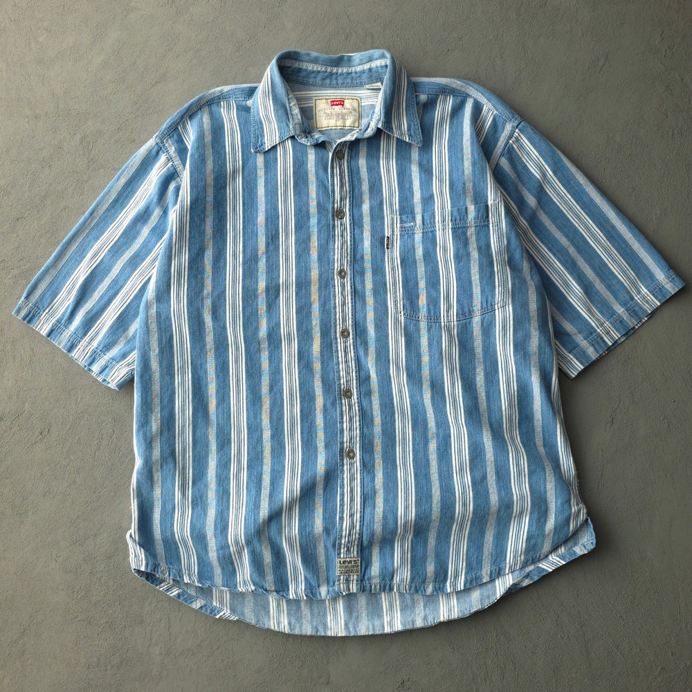 Vintage 90s Levi's Blue Striped Short Sleeve Shirt Large Button Up